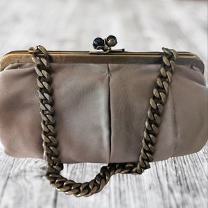 J. Crew Vintage Ruched Silk Clutch with Gold Chain in Taupe.